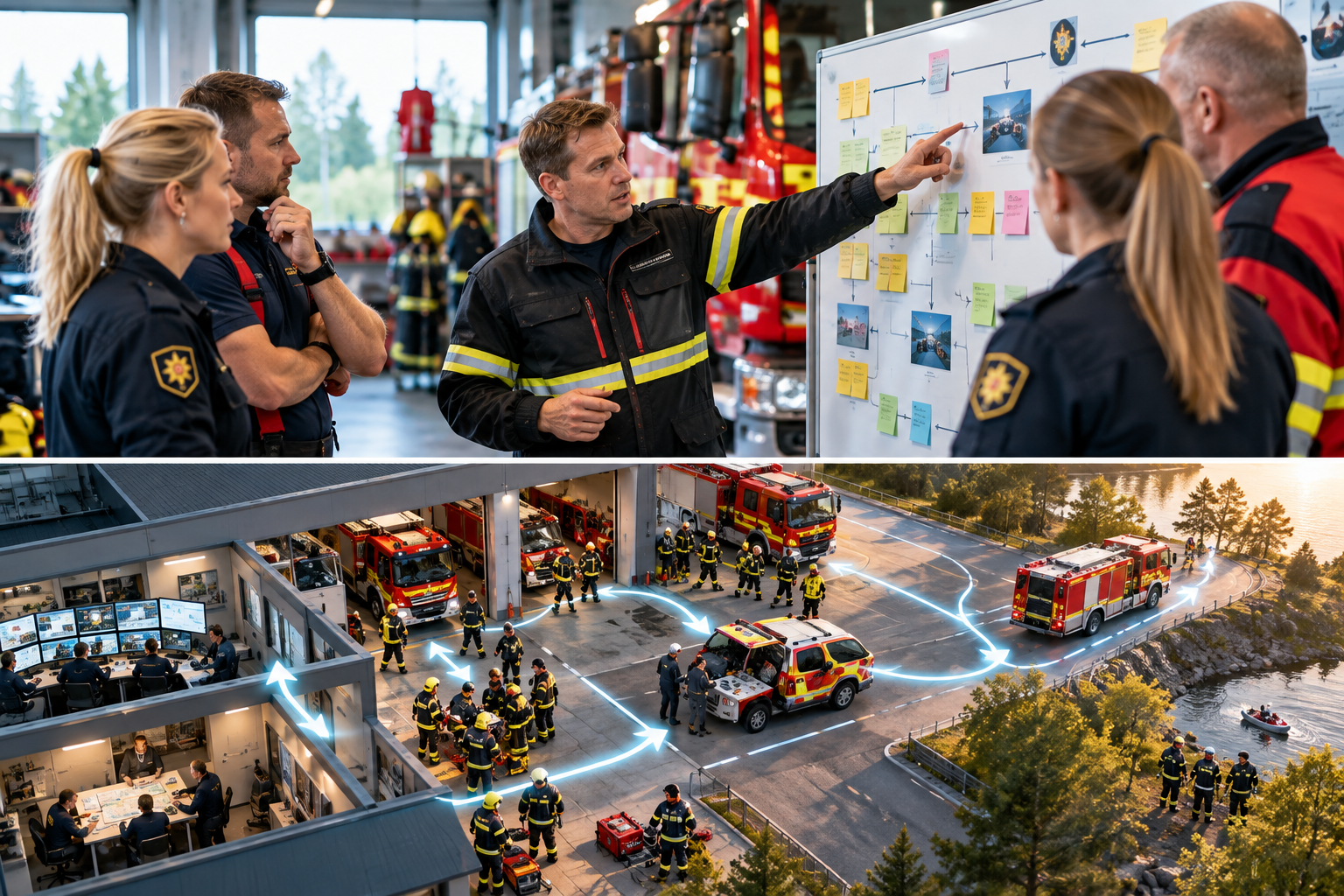 Pelastusalan henkilöstö suunnittelee toimintaa lean-johtamisen mallin avulla pelastusasemalla